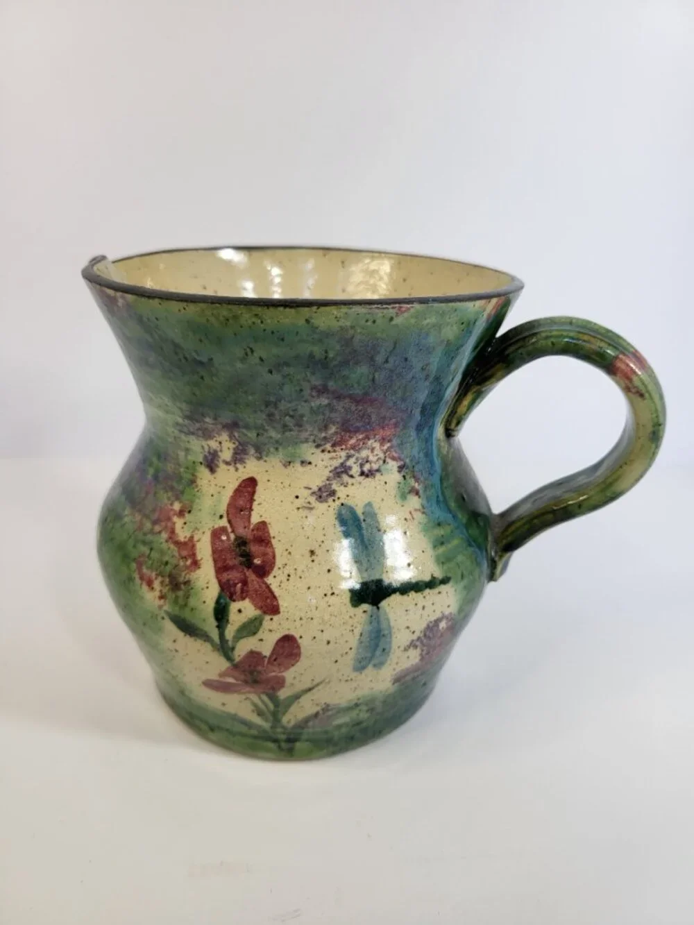 Malsnee Art Pottery‎ Dragonfly Pitcher, Signed Georgia Folk Art Stoneware Vase